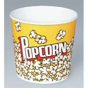 a yellow and white container with popcorn
