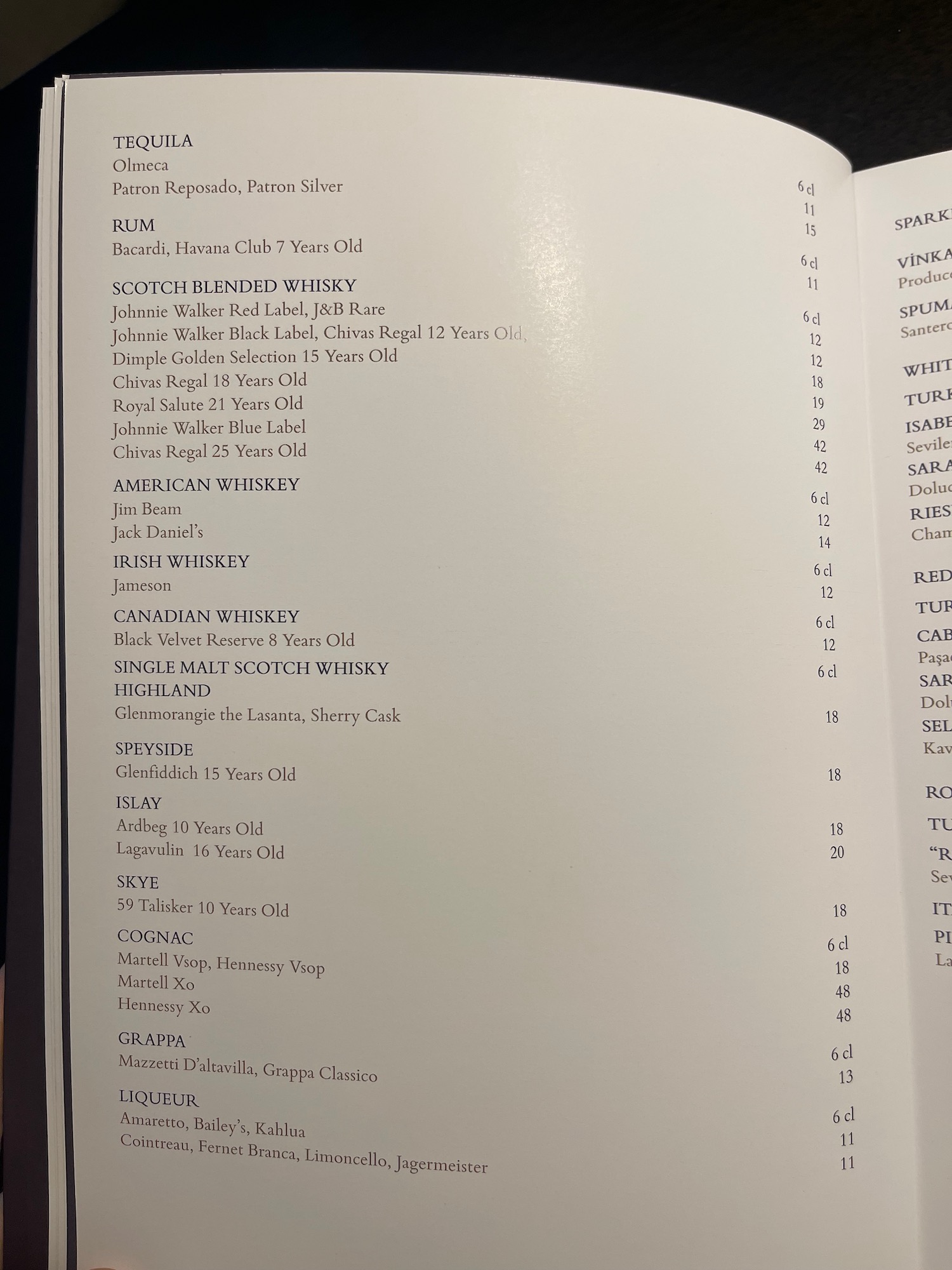 a menu of alcohol in a book