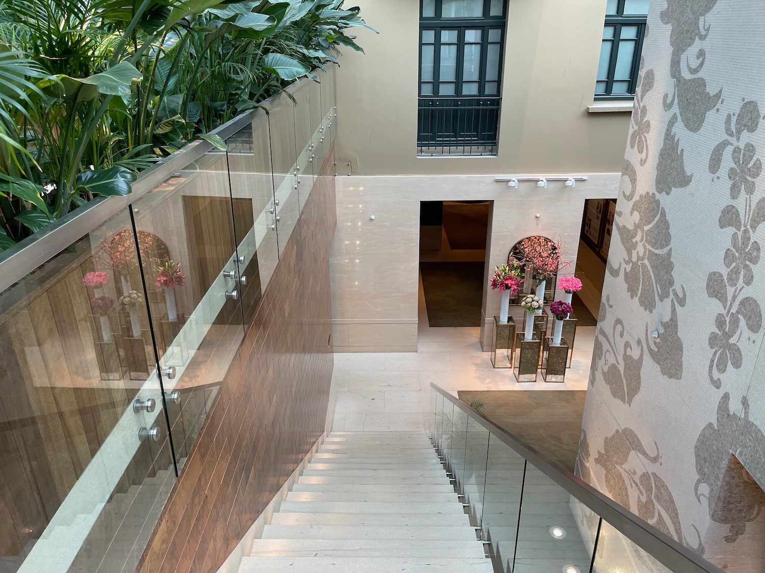 a staircase with glass railings and plants
