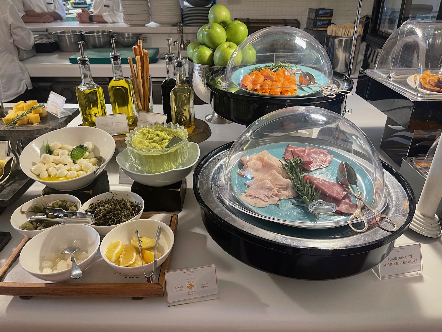 a buffet table with food on it