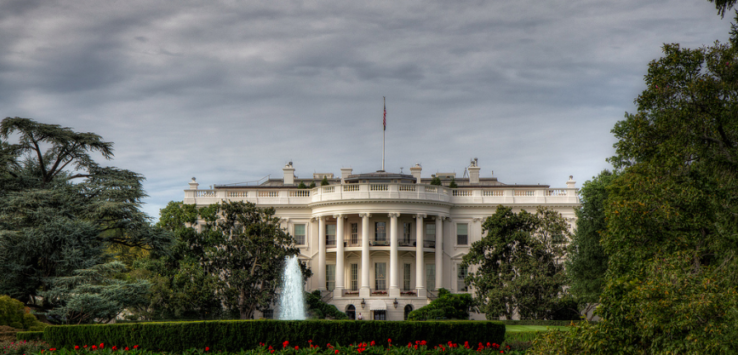 a white house with columns and a fountain in front of it with White House in the background