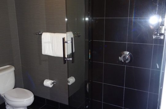 a bathroom with a glass shower door