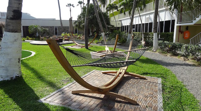 hammocks on a brick patio with palm trees and a building in the background