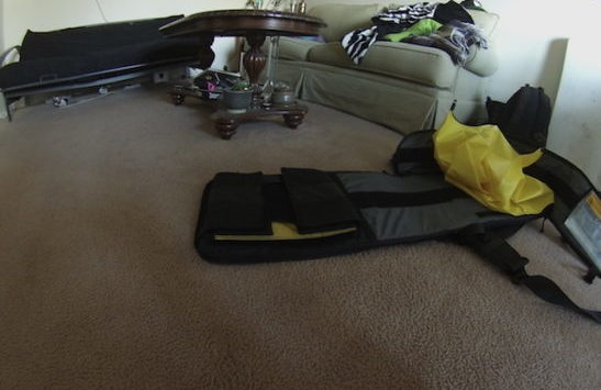 a guitar case in a living room