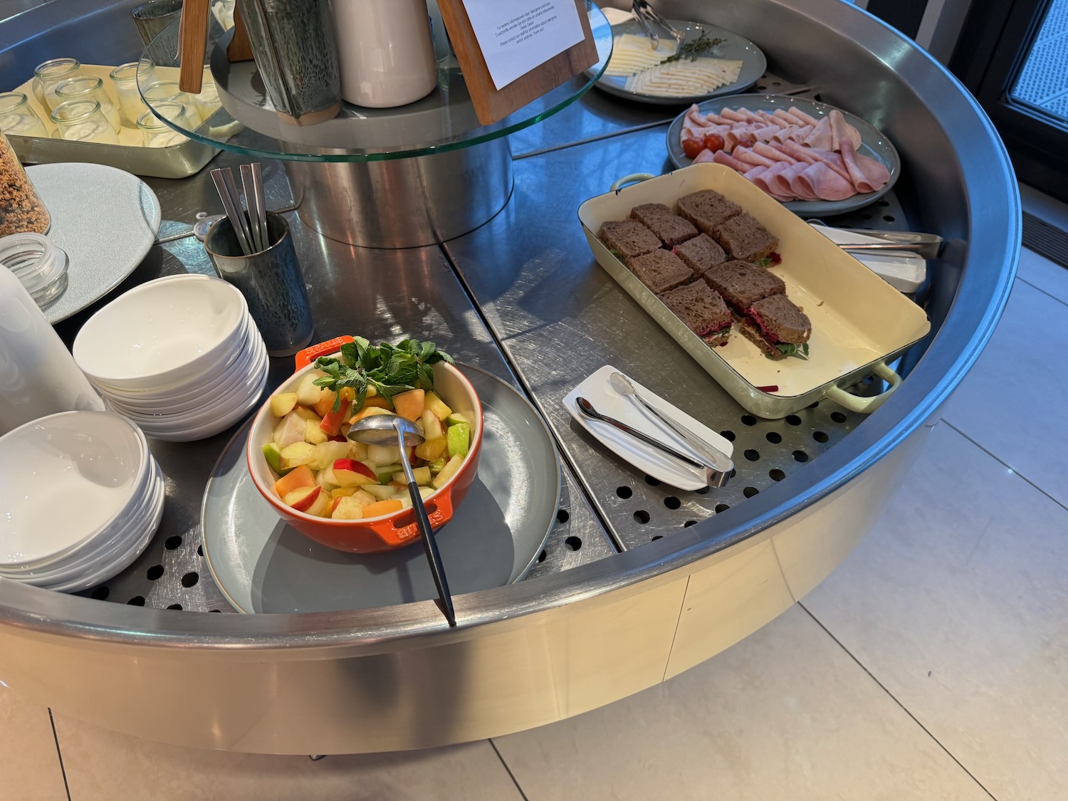 a tray of food on a circular table