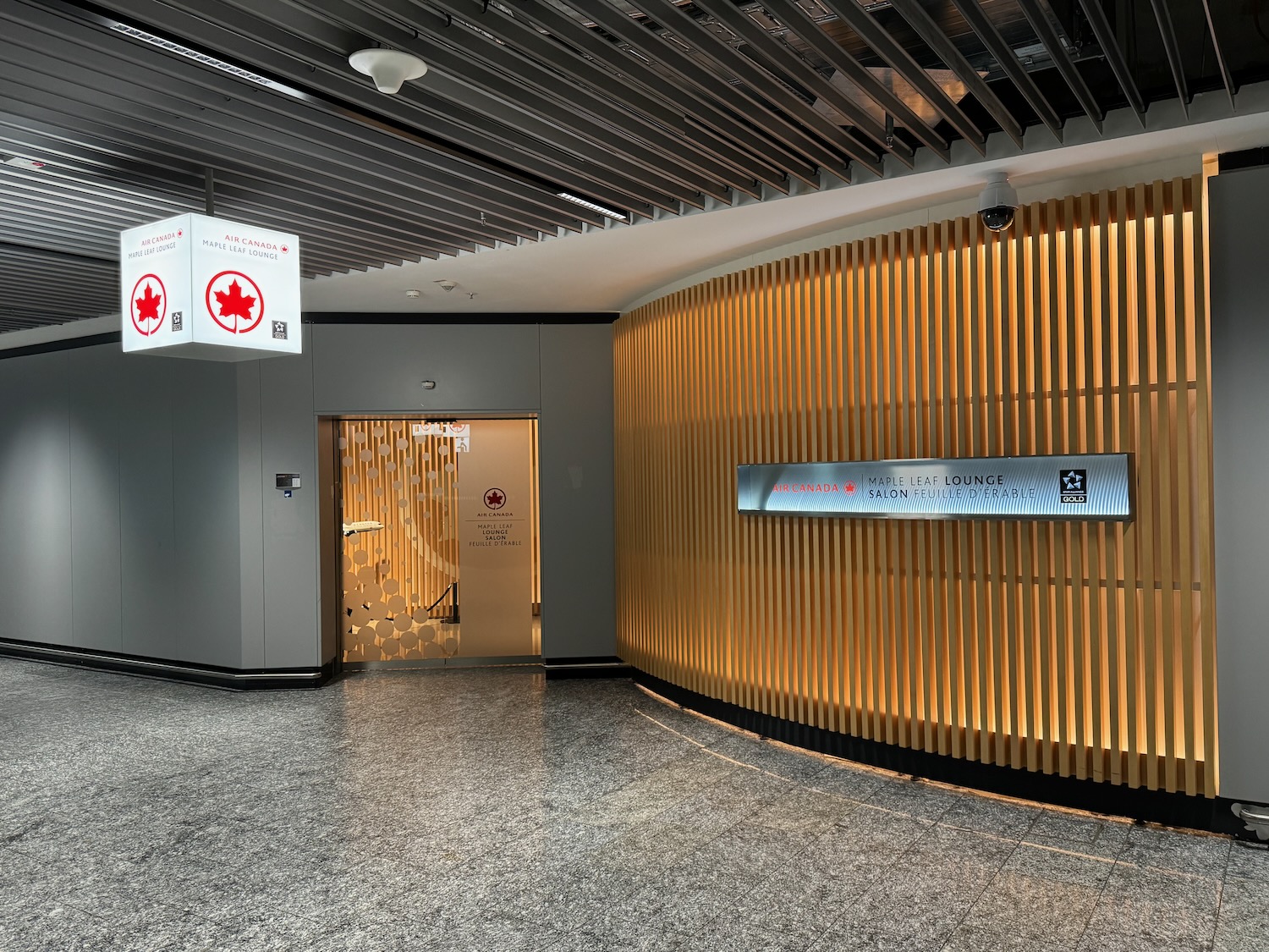 a room with a sign and a door