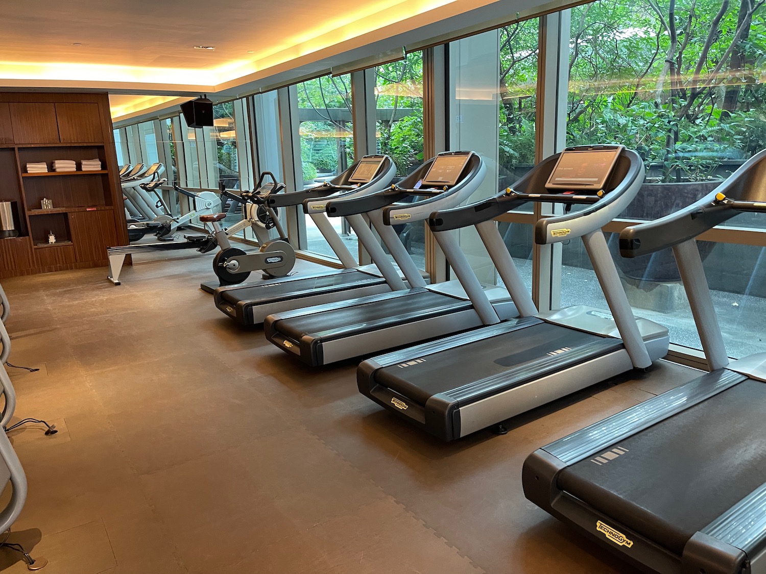 a group of treadmills in a gym