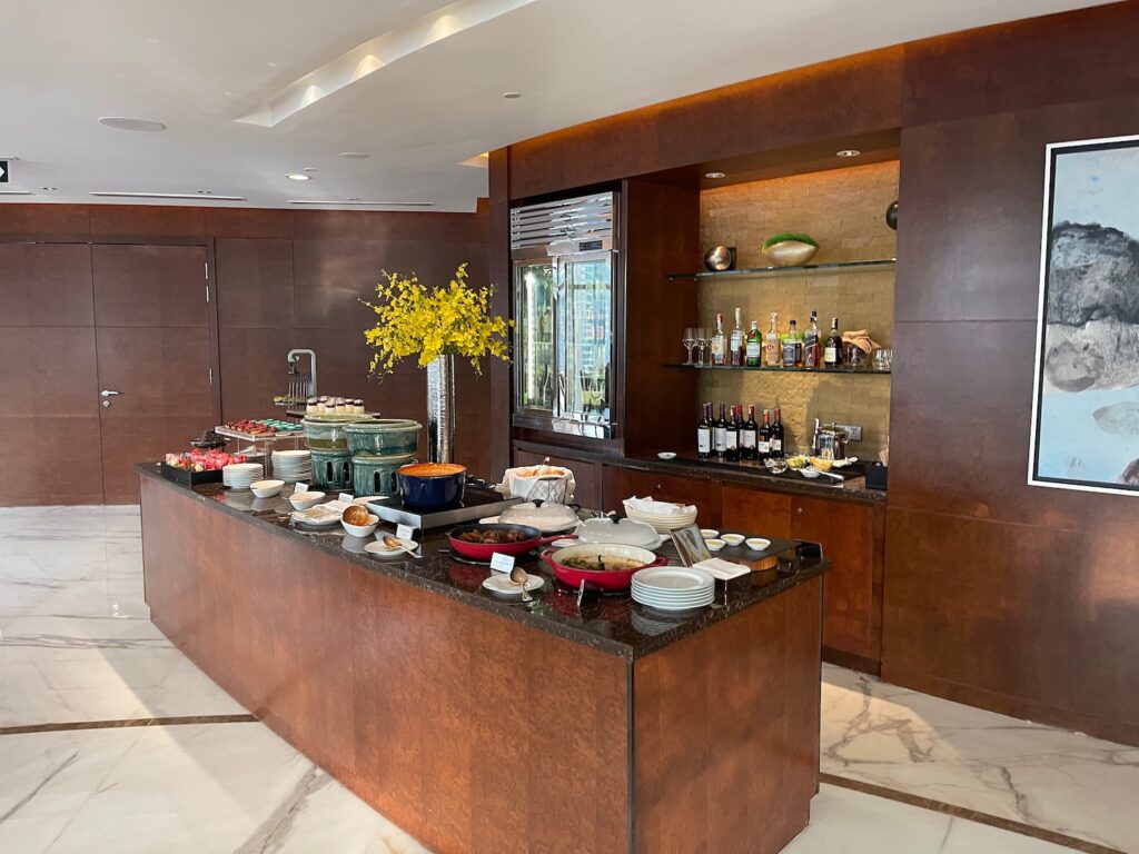 a buffet table with food on it