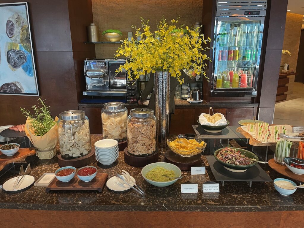 a buffet table with food on it