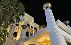 a white building with a chandelier and palm trees