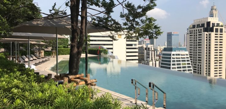 a pool with a tree and a city in the background