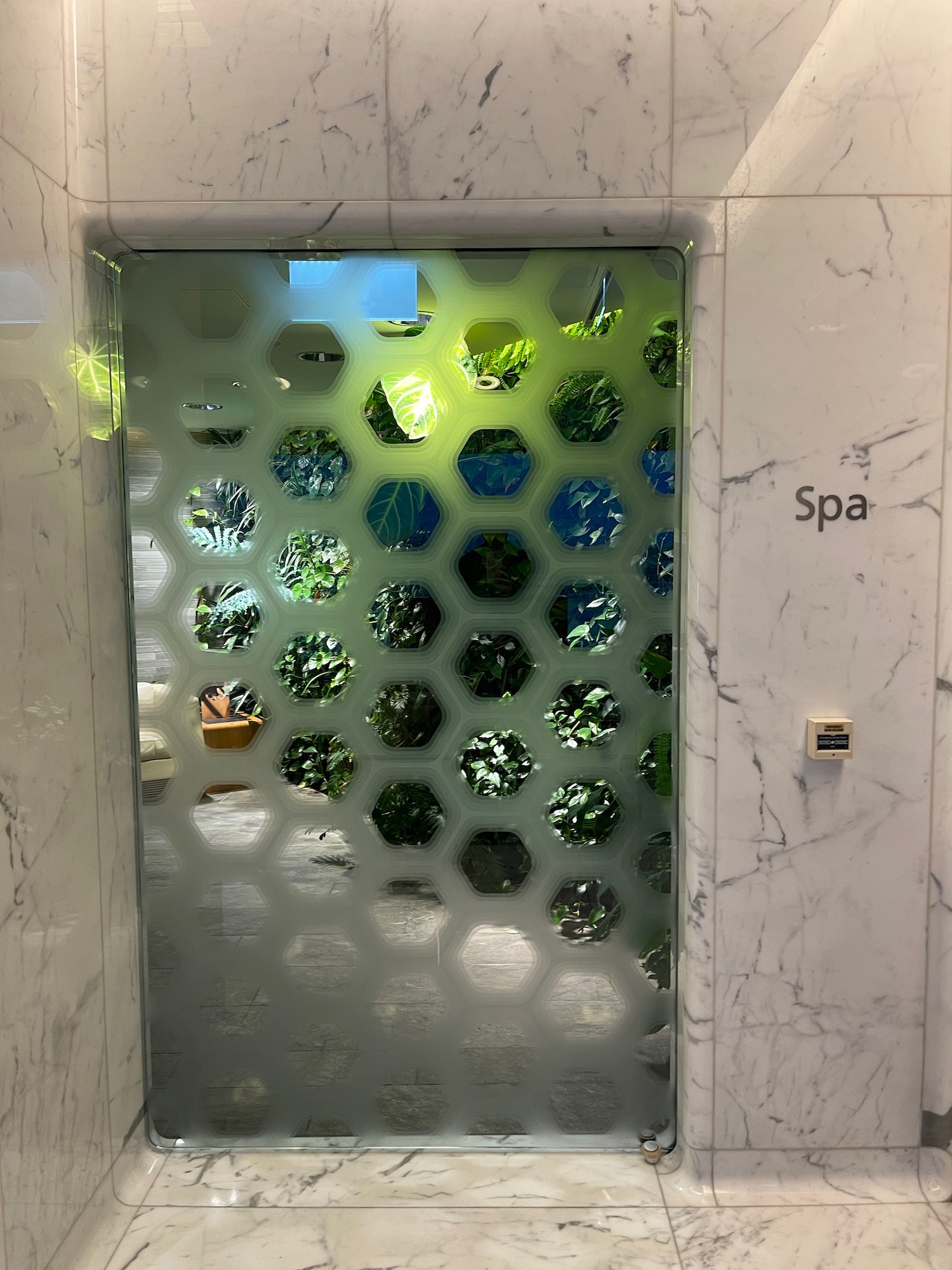a glass door with hexagons on it