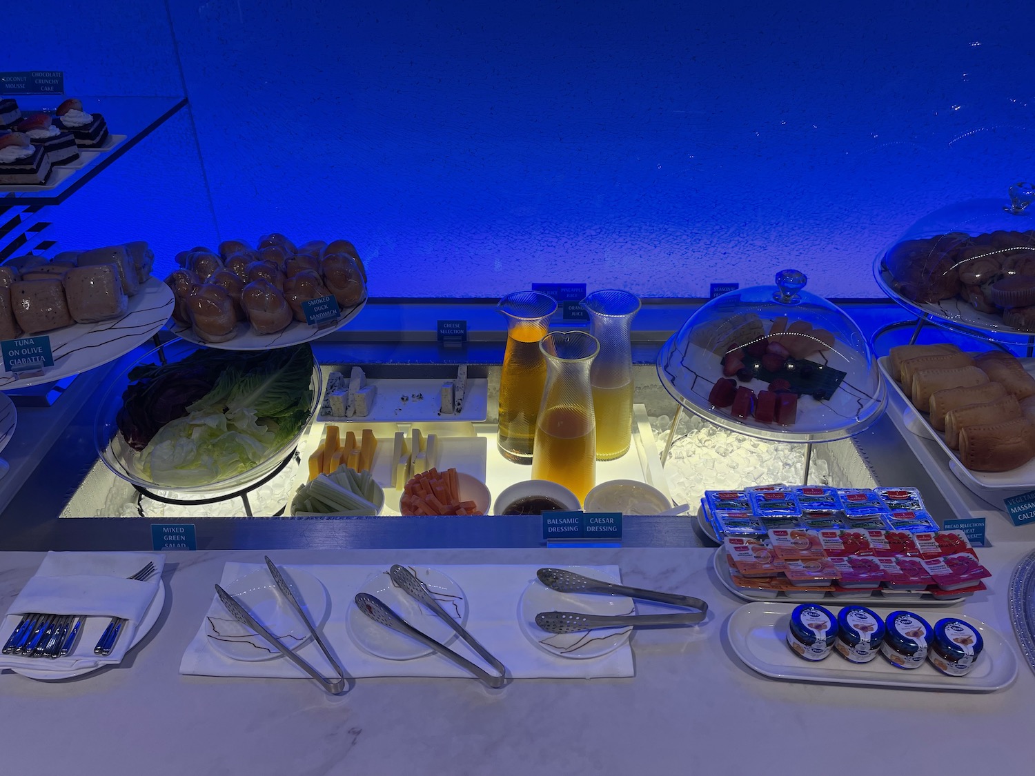 a buffet with food and drinks