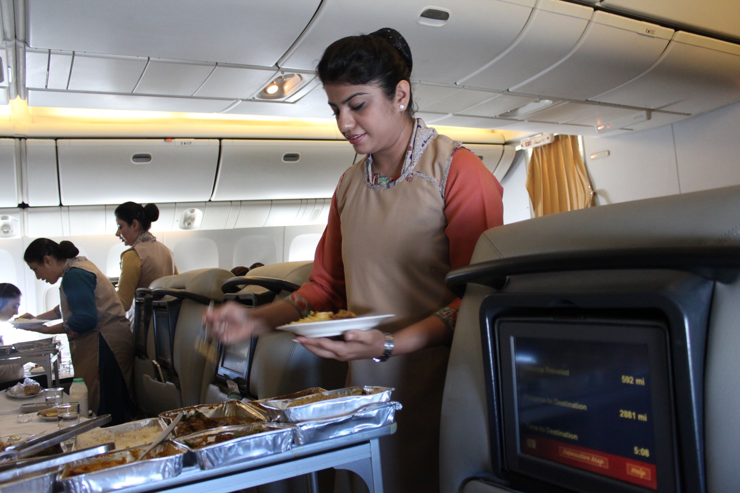 a woman in an apron serving food on an airplane