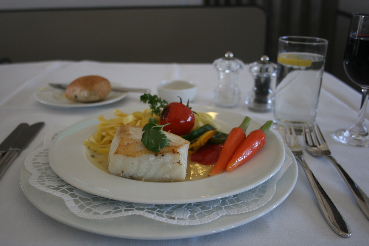 Fish + Pasta = Delicious in SWISS First Class - Live and Let's Fly