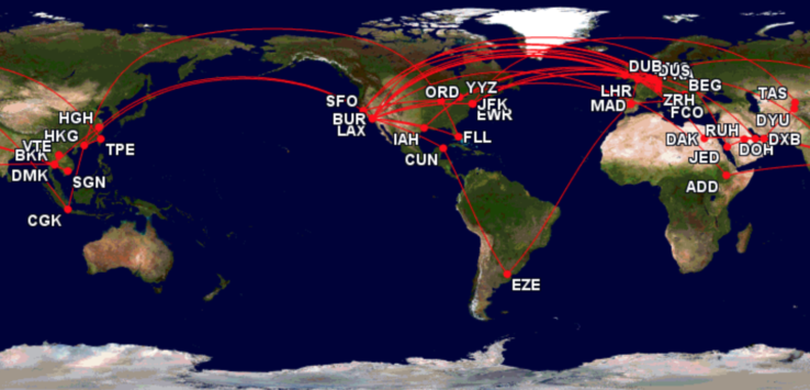 a map of the world with red lines