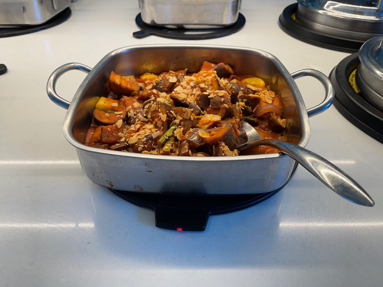 a metal pan with food in it