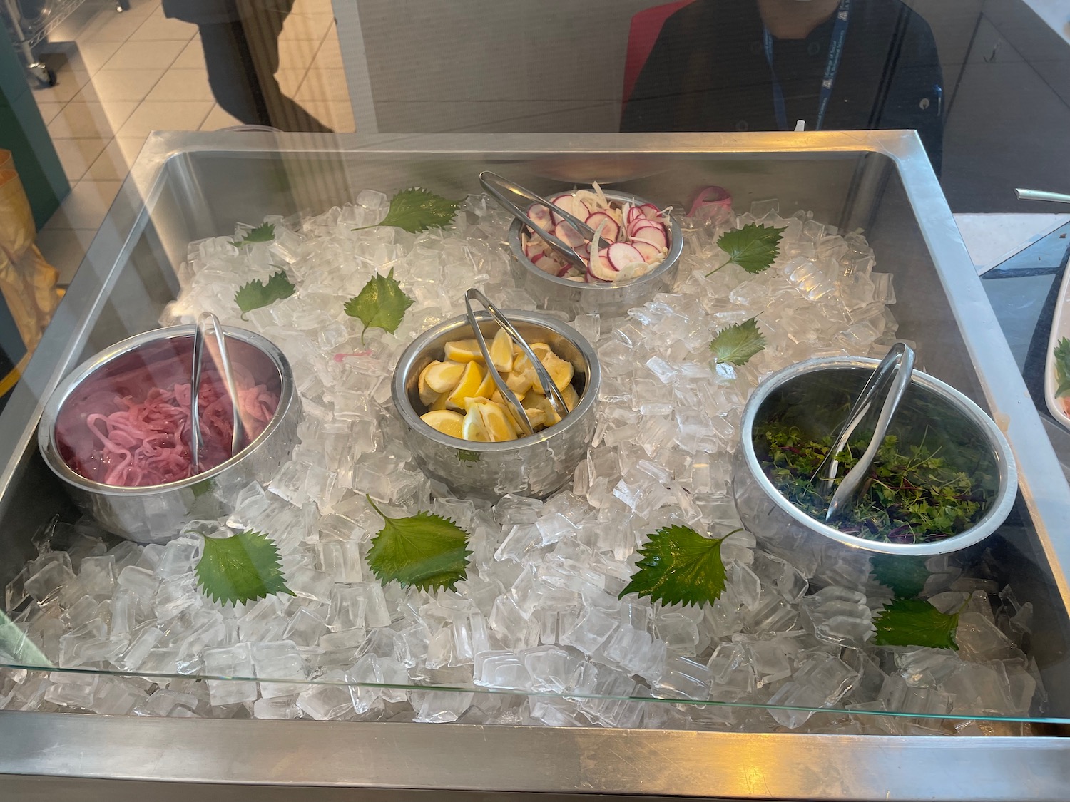 a tray of food on ice