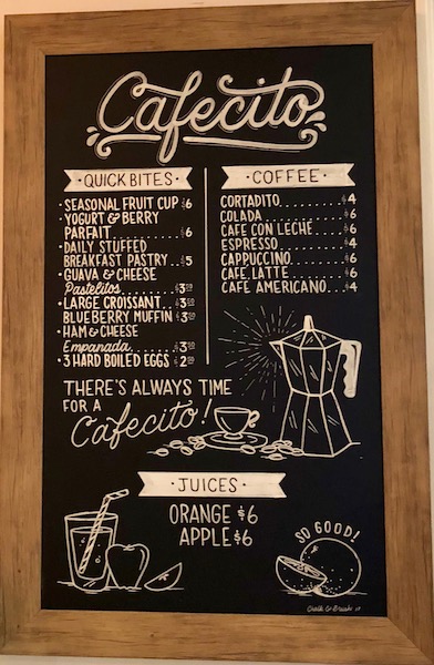 The menu at Cafecito