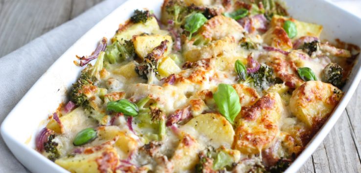 a casserole with broccoli and potatoes