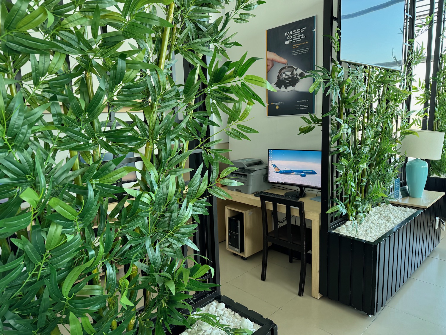 a room with plants and a computer