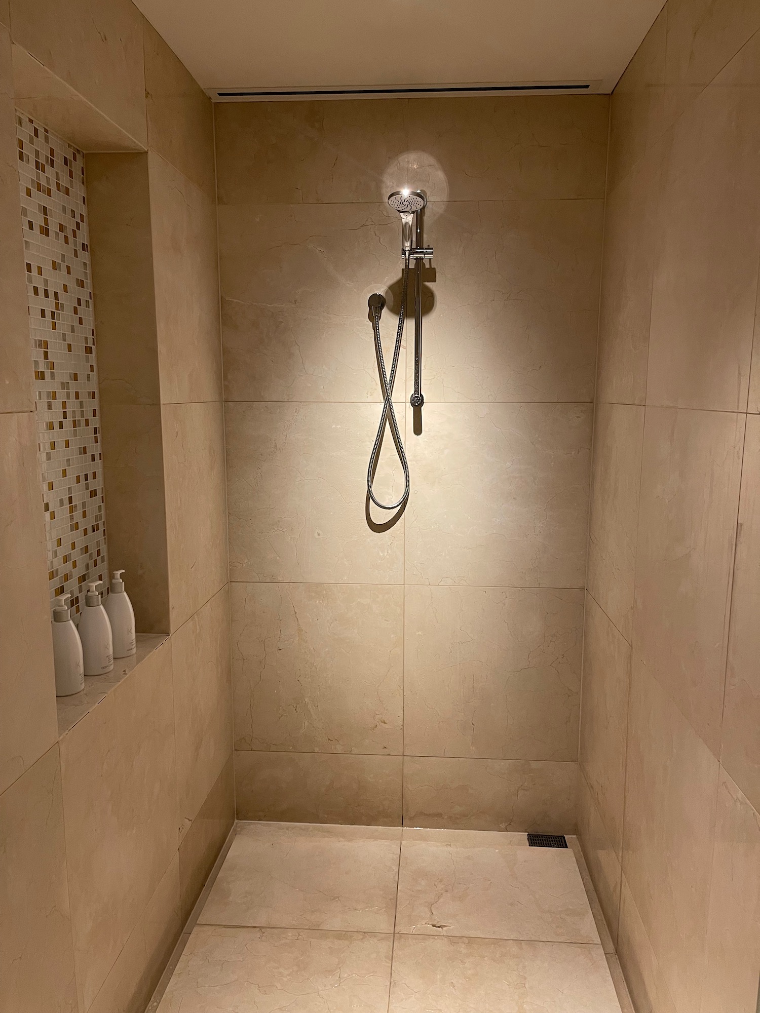 a shower with a hose and a shower head