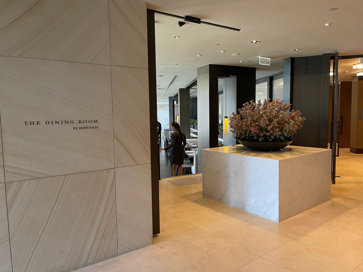 a large potted plant on a marble pedestal in a lobby