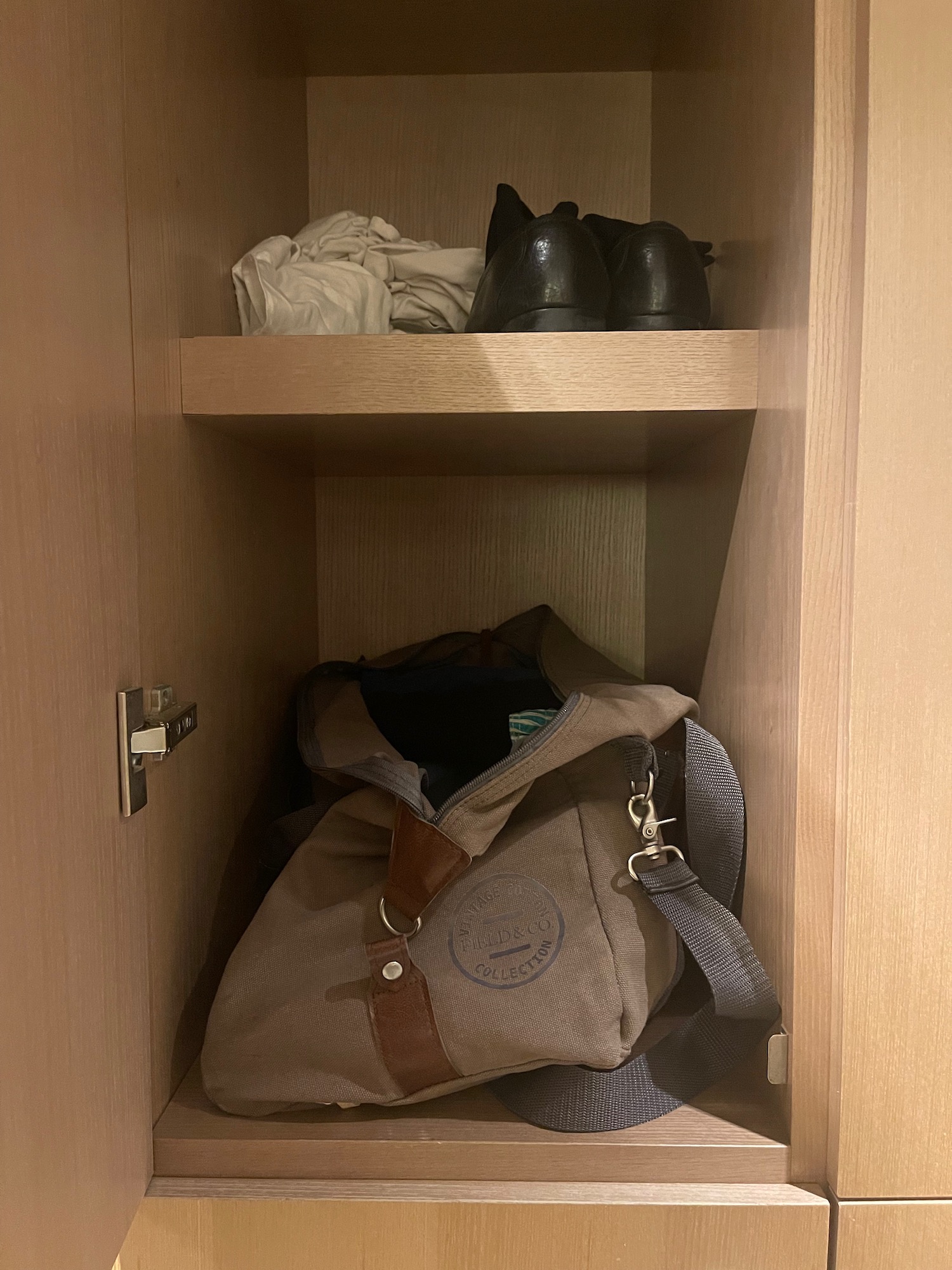 a bag and shoes in a closet