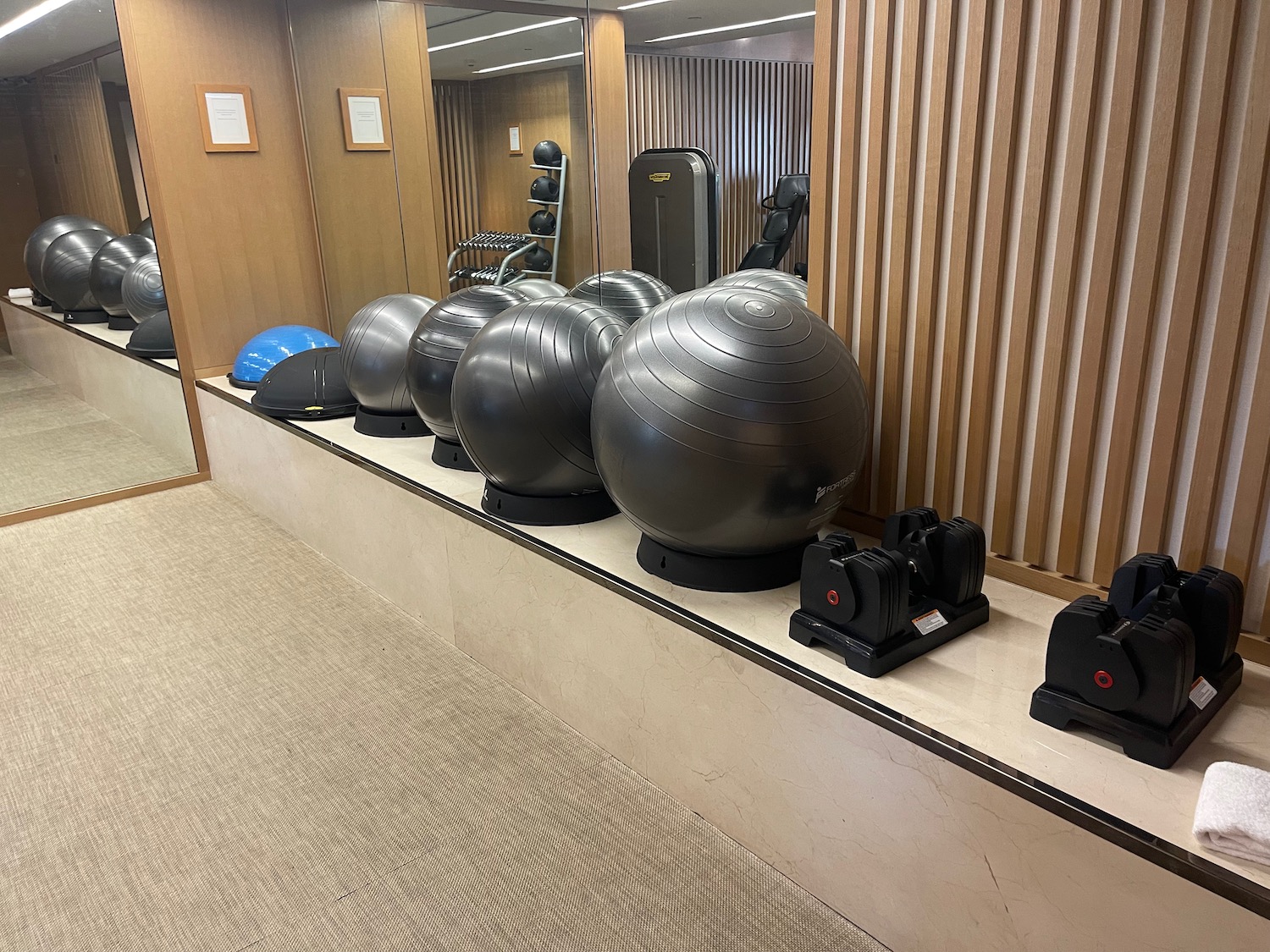 a group of exercise balls on a shelf