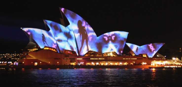 Sydney Opera House with lights on the roof