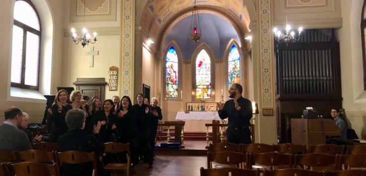 a group of people in a church