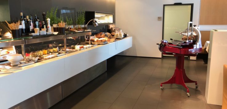 a buffet with food on the counter