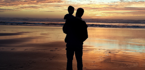 a silhouette of a man holding a child on a beach