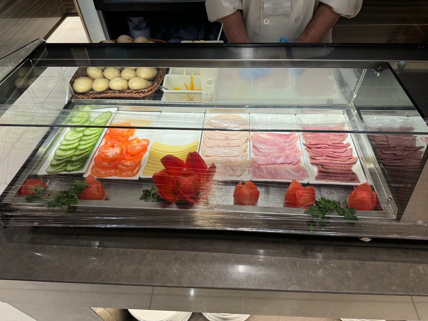 a display case with food on it