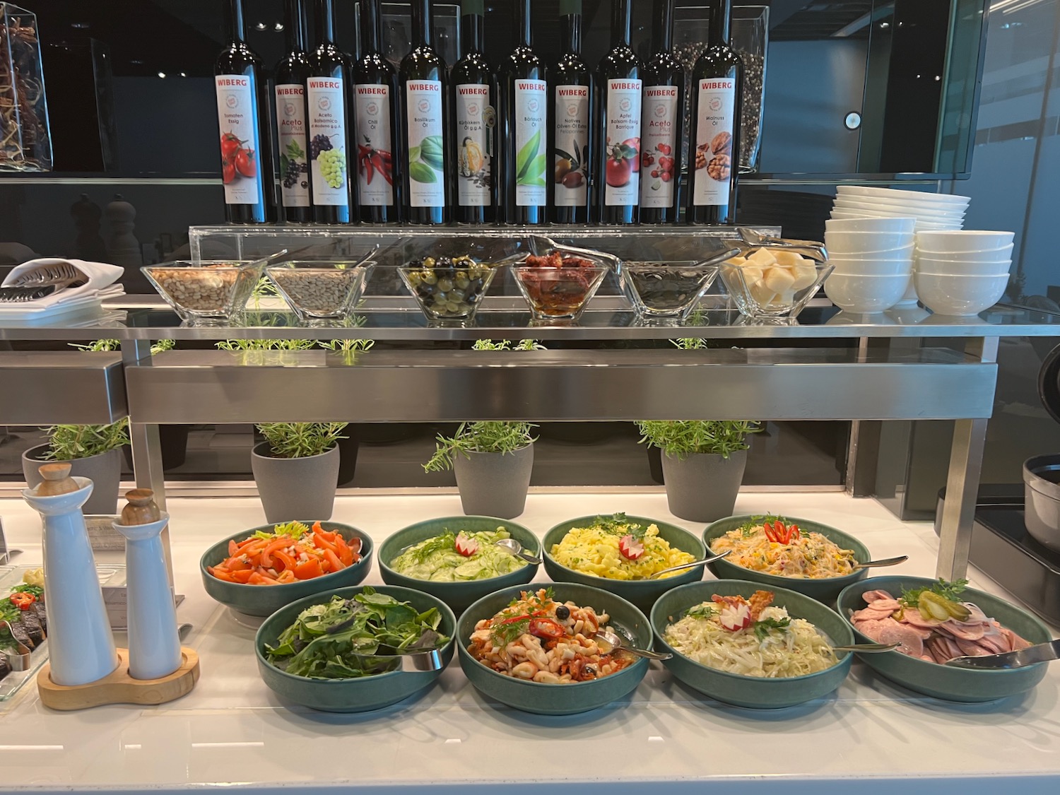 a buffet table with food on it