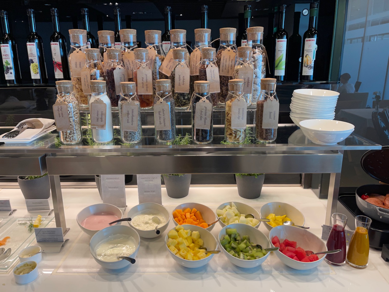 a buffet table with different food items