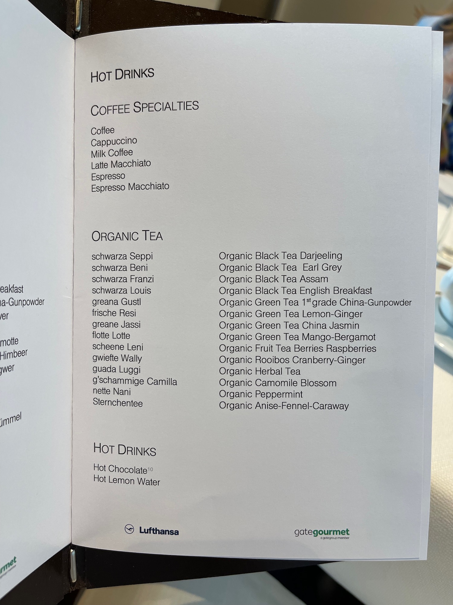 a menu with black text