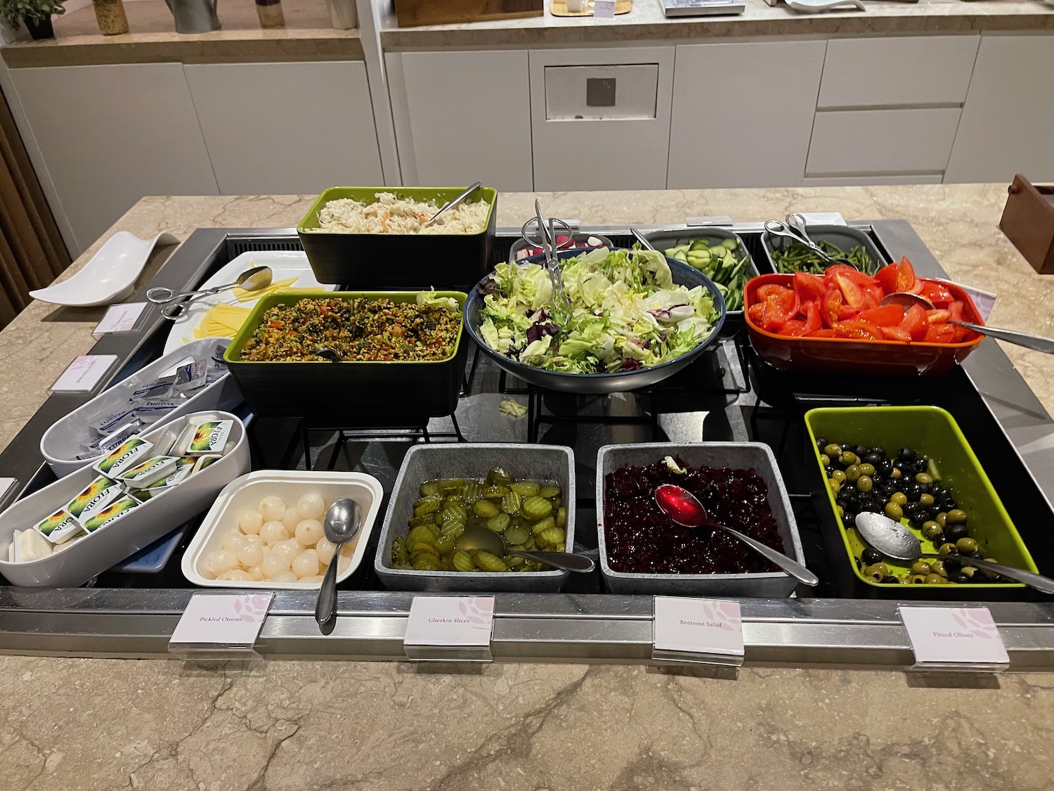 a buffet with different food items