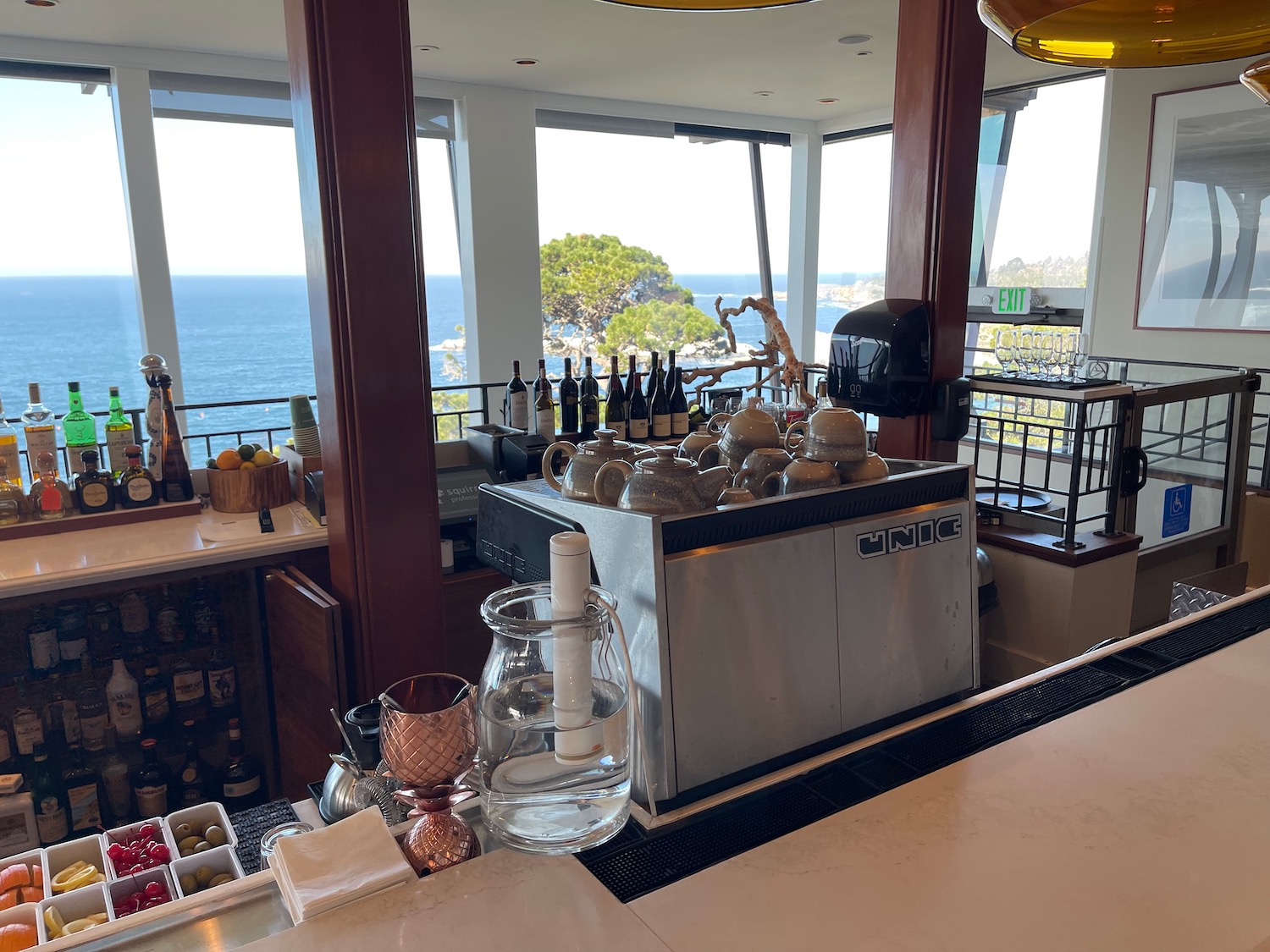 a kitchen with a view of the ocean