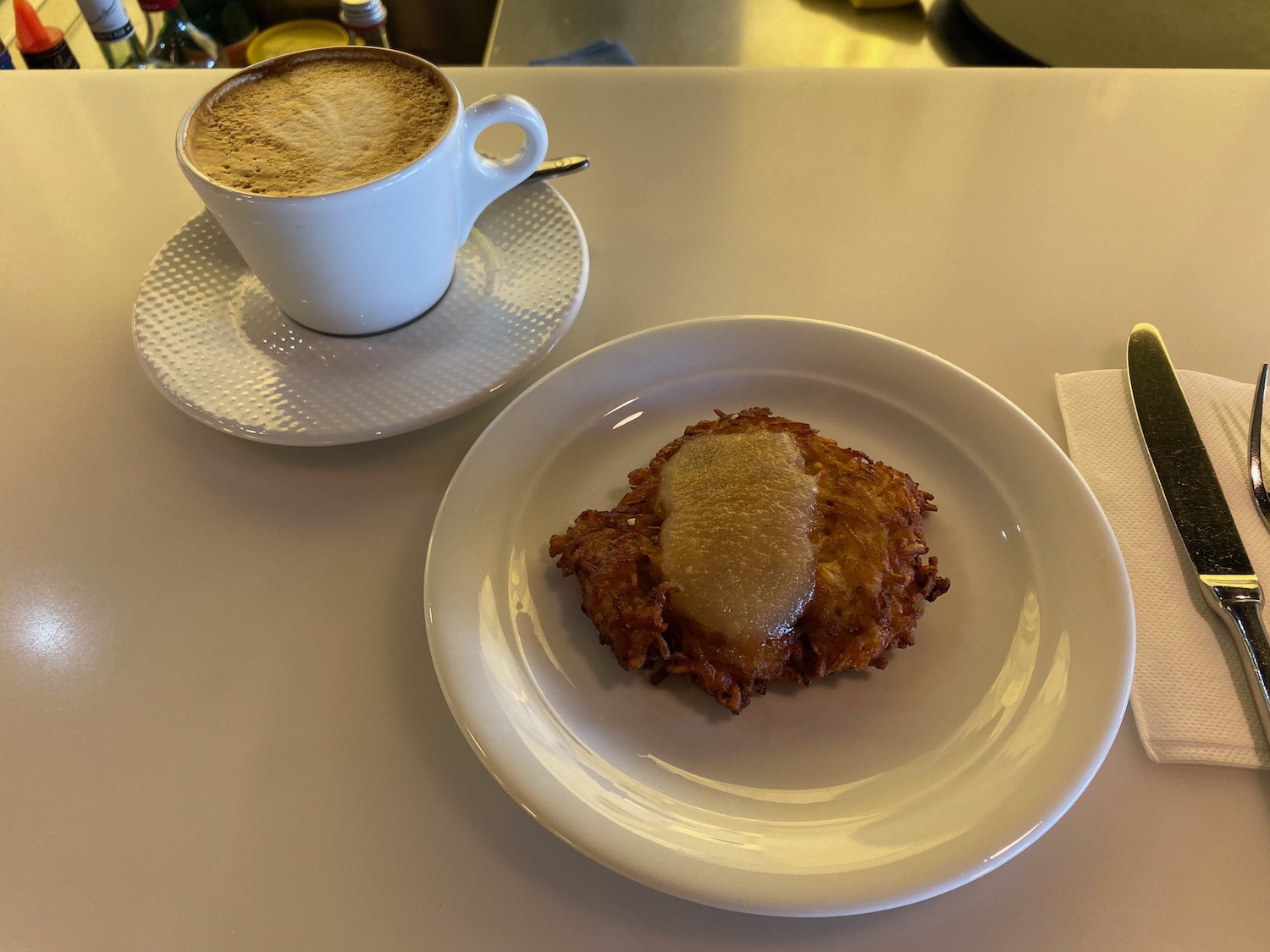 a plate of food and a cup of coffee