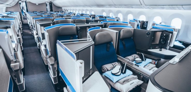 an airplane seats with blue seats and white seats