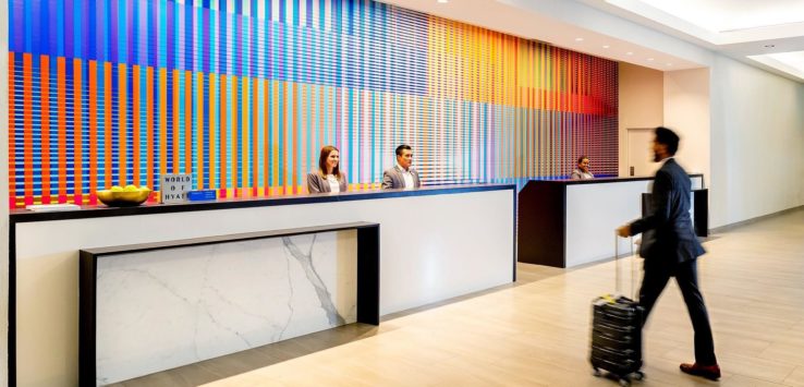 a group of people at a hotel reception