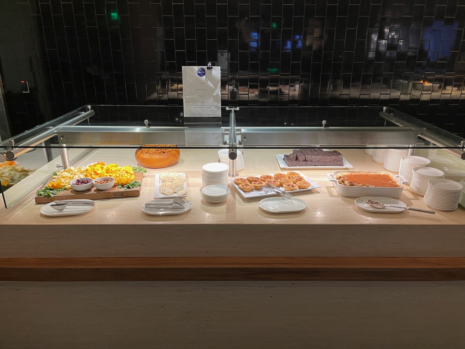 a buffet table with food on it