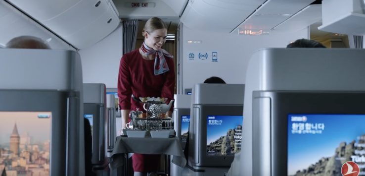 a woman in a red dress serving food on an airplane