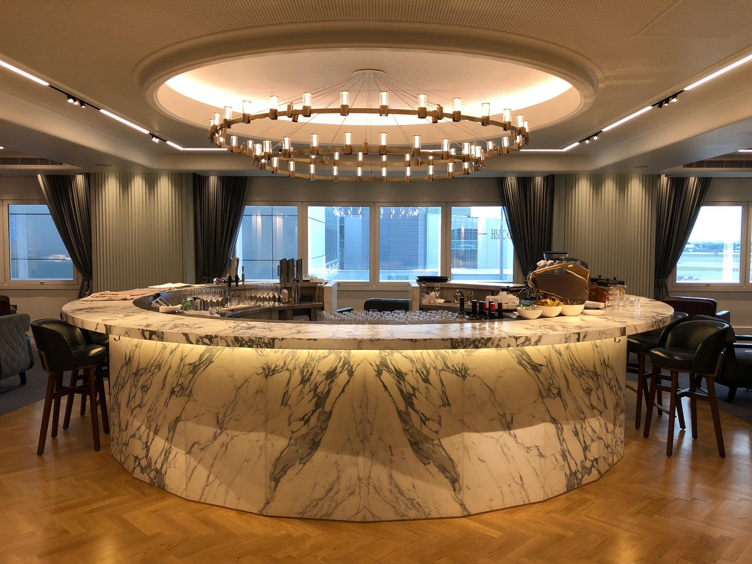 a large marble bar in a room