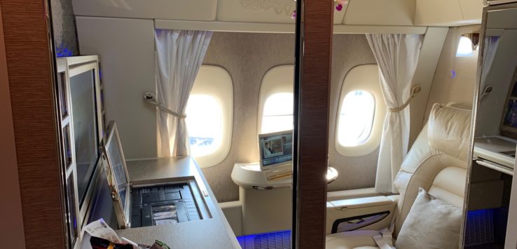 a desk in a plane
