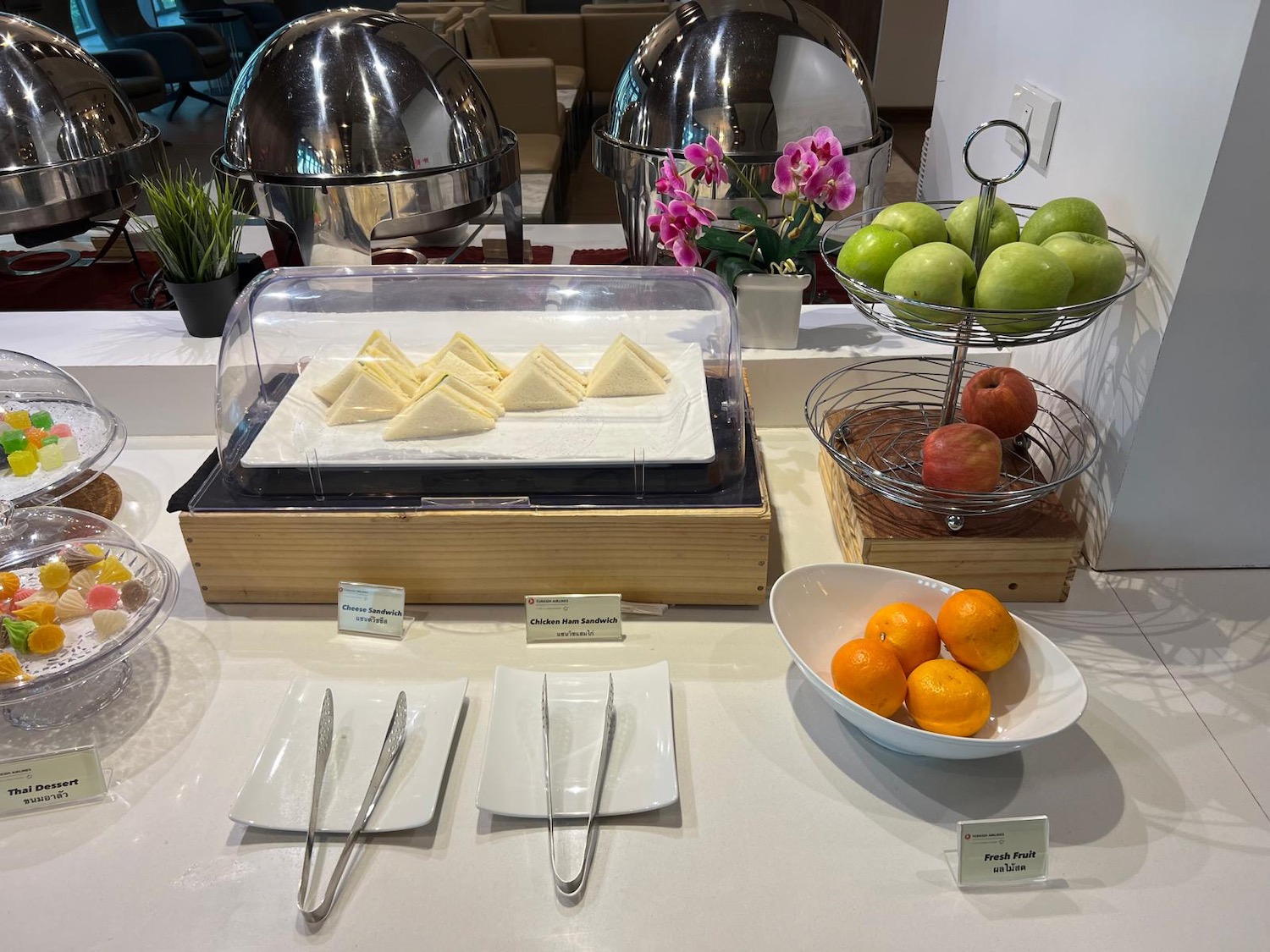 a buffet table with food on it