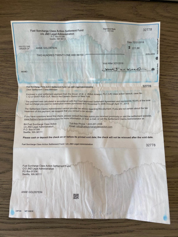 My Fuel Surcharge Settlement Check Arrives From British Airways...10