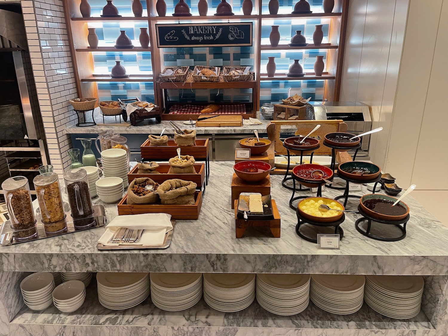 a buffet table with different food items