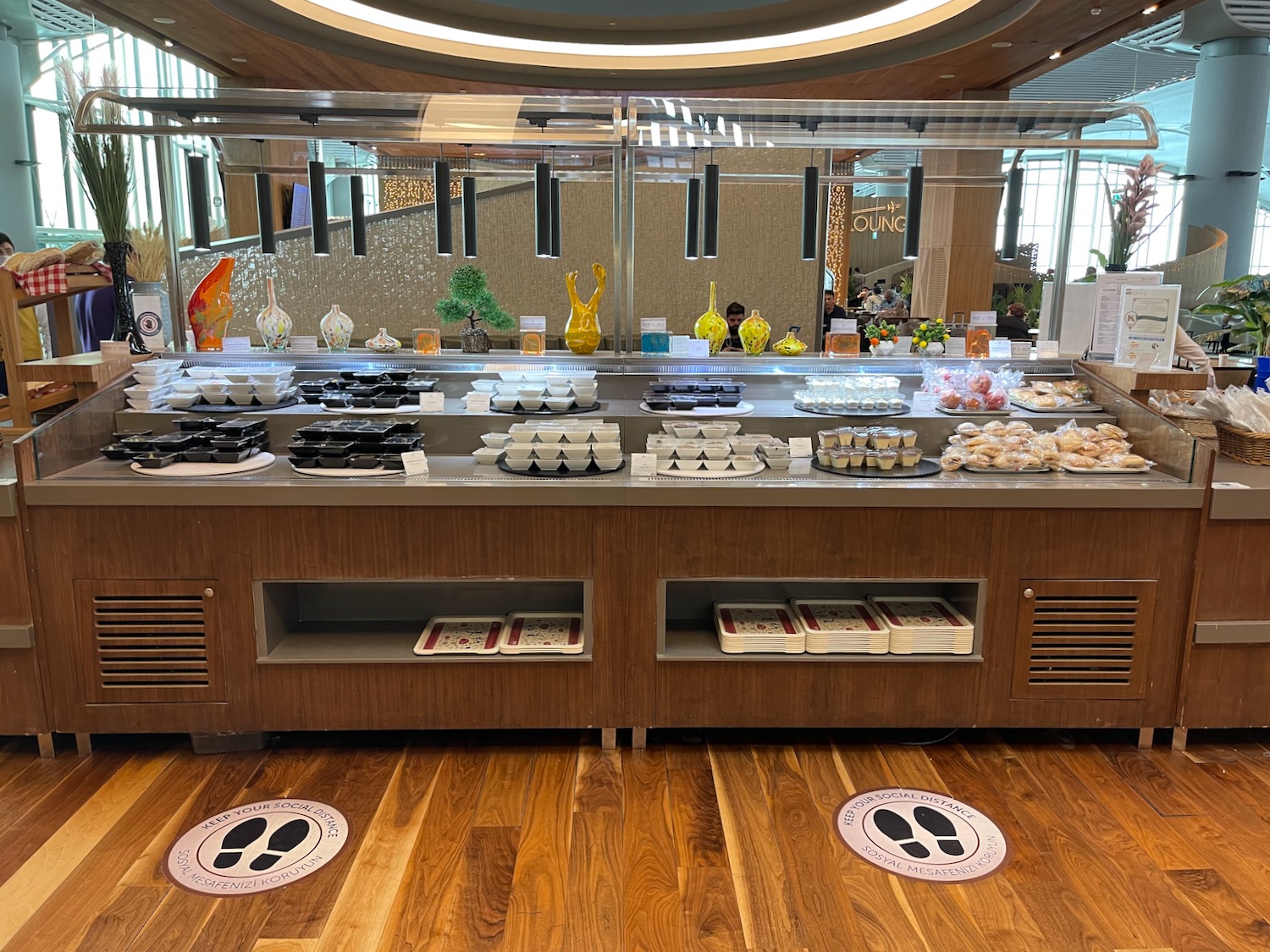 a buffet with food on the counter